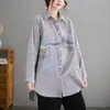 Camisa de Algodón Bordada de Longitud Media con Mangas Largas, Rayas Versátil Artística Talla Grande Holgada