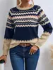 Suéter de punto de moda transfronterizo europeo y americano para mujer, top de punto elegante de cuello redondo, clásico de rayas y bloques de color, tejido de Amazon