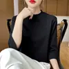 Suéter de Tricô Feminino com Gola Alta Meia-Boca e Mangas Três Quartos, Simples, Ajuste Slim, Top Básico de Manga Média para Primavera e Outono para o Dia a Dia