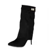 Botas de Tacón Alto con Punta Negra hasta Media Pantorrilla para Mujer Estilo Europeo y Americano Decoración con Hebilla Metálica Botas Largas de Moda Versátiles Novedad Otoño e Invierno
