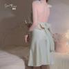 Guiruo roupa íntima sexy quente sem costas puro V profundo mais almofada de peito cetim suave camisola feminina terno J3336