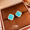 Brincos de Trevo de Quatro Folhas Turquesa com Pedras de Diamante Estilo Francês Vintage, Exquisitos e Frescos, Brincos de Luxo Leve com um Toque Moderno e Sofisticado