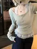 Toma real: Elegante y única camiseta de manga larga con patchwork de encaje para mujer, un top chic y estilizado para otoño, estilo 25252