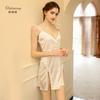 Marca Lin Linting Sexy Encaje Perspectiva Tentación Espalda Descubierta Pijama Color Sólido Bata de Noche con Tirantes Conjunto de Ropa para el Hogar de Mujer