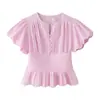 Atacado de fabricante de roupas femininas transfronteiriço 2026 nova moda blusa justa versátil com manga bufante decorada com babados