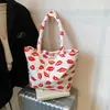 Bolsa de Mão em Tecido Oxford de Nylon para Mulheres, Grande Capacidade, Design Estampado Fashion, Estilo Mãe Tendência, Lábios Vermelhos, Bolsa de Ombro Única Tote para Compras