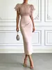 Ropa para mujer europea y americana: Vestido de gasa con cuello alto y mangas con volantes, de cintura alta, plisado, con cinturón y abertura trasera, conjunto de falda de longitud media 8248