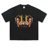 Camiseta de manga corta negra lavada vintage de peso pesado con estampado de anime, versátil para el uso diario, manga corta y manga larga oversize