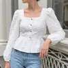 Blusa jacquard casual estilo europeu e americano para mulheres, outono de 2026, de alta qualidade, acinturada, gola quadrada, manga morcego, roupas femininas transfronteiriças