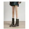 Botas vaqueras de tacón grueso apilado con remaches, diseño retro plegable, de media pantorrilla para mujer, estilo nuevo Otoño/Invierno 2026, hebilla de cinturón