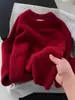 Ficou ótimo! Suéter de pelúcia minimalista vermelho bordô com gola redonda para mulheres, uma peça de tricô versátil para o outono