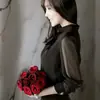 Nuevo Top Casual de Gasa Transparente Negro con Cuello Alto, Manga Larga, Corte Ajustado, Estilo Coreano para Primavera y Verano