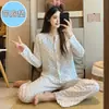 Ropa de Casa Dulce Estilo Coreano para Mujer, Otoño, Cárdigan con Estampado Floral Pequeño con Copas Fijas para Sujetador, Manga Larga, Pantalón Largo Pijama