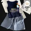 Conjunto de pijama de verano para mujer con copas en el pecho, top sin mangas de algodón a cuadros con letras blancas y nubes, shorts y pantalones largos para casa