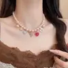 Dulce Collar de Perlas Barrocas, Colgante de Lazo de Corazón, Elegante Cadena para Clavícula, Exquisitos Aretes de Moda Juvenil