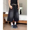 Calça Shorts Jeans Preto Cropped Estilo Americano para Mulheres, Shorts Retrô de Verão de Comprimento Médio Largos de Pernas Retas, Shorts Plus Size