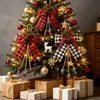 6 Piezas de Lazos de Arpillera a Cuadros Navideños con Piñas y Hojas de Pino 30*15cm Decoraciones Colgantes para Árbol de Navidad