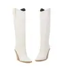 Tallas 34-48 Otoño e Invierno Punta Fina Color Sólido PU Botas Altas Transfronterizas Talla Grande Botas para Mujer Tacón Cuadrado Versátil Tacón Súper Alto Botas de Cuero
