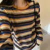 Suéter de punto de manga larga a rayas con bloques de color y cuello redondo estilo coreano para mujer, nueva colección de principios de otoño, corte holgado, adelgazante, versátil, top de suéter ligero