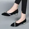 Zapatos de Mujer de Tacón Bajo con Pedrería y Punta Fina 2026 Elegantes Zapatos de Salón con Tacón Grueso y Boca Baja Mocasines de Gamuza Mate para Mujer Zapatos Negros de Trabajo