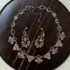 Brincos de Colar Pingente Flor de Diamante Encrustada Pedra Olho de Gato Estilo Palácio Retrô Doce Luxo Moda Joias Elegantes