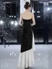 Vestido de Noche Negro sin Tirantes para Socialités de Banquetes, Lujo Ligero de Gama Alta Lentejuelas Temperamento Anfitrión Sirena Volante Vestido Largo