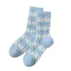Calcetines de felpa de invierno para mujer, engrosados y cálidos, diseño de oso de dibujos animados azul, para uso en casa, calcetines de media pantorrilla forrados de forro polar, calcetines largos para dormir