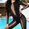 Body Hueco con Pedrería Estilo Americano, Lencería Seductiva Transparente de Una Sola Pieza, Traje de Baño Sexy, Conjunto de Malla de Manga Larga