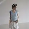 Top de Punto con Cuello en V y Manga Corta Estilo Coreano con Fruncido Lateral para Mujer, Verano 2026, Corte Ajustado, Camiseta Base de Seda de Hielo