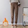 Calças Harem de Veludo Cotelê para Mulheres Inverno Forradas com Lã e Espessadas Quentes Calças Cenoura Cintura Alta Modeladoras Look Versátil Calças de Vovó com Cordão na Perna