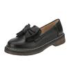 Mocassins Estilo Coreano com Laço Outono/Inverno 2025 Novo Estilo Feminino Sapatos Pequenos de Couro com Solado Grosso Bico Largo Salto Grosso Sapatilhas Femininas