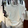 Atacado Transfronteiriço Verão Algodão Gola Redonda Slim Fit Cintura Apertada Cor Sólida Ombro Manga Curta Camiseta Feminina Camiseta Básica