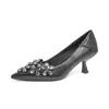 Em Estoque Nova Coleção Primavera e Outono Strass Preto Sexy Confortáveis Salto Alto para Mulheres, Salto Fino Bico Fino Elegantes Profissionais Sapatos