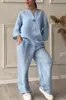 Sitio Web Independiente Transfronterizo Europeo y Americano Experto en Moda Verano 2026 Cuello en V Manga Larga Pantalón Largo Multicolor Algodón y Lino Conjunto para Mujer