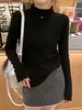 Camiseta básica de terciopelo Andy con volantes para otoño e invierno, adecuada para usar en capas o sola, nuevo suéter de punto azul