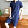 Traje de Lino Algodón 2021 Camiseta de Hombre Manga Corta Verano Nuevo Talla Grande Juventud Color Sólido Cuello V Camiseta Básica Traje de Manga Corta