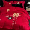 Juego de Cuatro Piezas para Boda Rojo Grande Algodón Amigable con la Piel Bordado Funda Nórdica Nuevo Estilo Chino Algodón Puro Cepillado Ropa de Cama para Habitación de Boda Dote