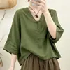 Nuevo estilo chino botón de rana cuello en V algodón y lino manga corta holgado top para mujer, nueva llegada de verano, camiseta versátil casual con temperamento