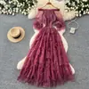 Vestido Rosa de Malla Dulce y Lindo para Mujer en Verano, Mangas Abullonadas de un Hombro, Vestido Largo de Cintura Alta Corte A, Estilo Hada