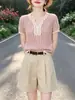 Top de malha rosa listrado com decote V vazado de manga curta para mulheres, verão, caimento solto, emagrecedor, novo top plus size