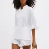 Conjunto de Duas Peças Feminino 2025 Moda Europeia e Americana: Cardigã de Algodão com Gola Alta e Mangas Sino, Top e Shorts para o Dia a Dia