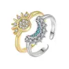 Anel Aberto Europeu e Americano de Personalidade Simples de Cobre com Zircônia Embutida Sol e Lua Brilhantes Empilhável Anel de Casal Sol e Lua