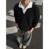 Camisa polo de retazos a rayas retro americana de dos piezas falsas para hombres y mujeres, marca de moda para parejas, top holgado de manga larga para primavera y otoño