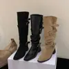 Botas Cavaleiro Quadradas com Salto Grosso Estilo Coreano Retro com Fivela Femininas 2026 Novo Estilo Emagrecedoras Versáteis Acima do Joelho