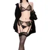 Lencería Sexy Qianai para Mujer, Conjunto de Tentación Sexy de Encaje con Abertura en la Entrepierna Sin Quitarse, Portaligas, Medias, Medias de Red Conjunto de Tres Piezas