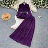 Moda Comuter Estilo Francês Manga Lanterna Roxa Cós Ajustado Saia Pregueada Conjunto de Duas Peças Elegante e Fashion para Mulheres Outono 2026