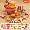 Brinquedos infantis casa de brincar cozinha simulação fast food pizza barril de família hambúrguer cozinhando batatas fritas frango frito ovo tarte refeição completa