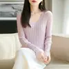Camiseta de punto fina de lana para mujer, cuello redondo, estilo coreano, versátil, manga larga, para principios de otoño, 60 hilos, suéter fino