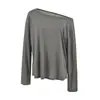 2657-26 Camiseta de punto lisa de un hombro con hombros descubiertos y manga larga, top de lino holgado estilo coreano de verano