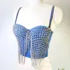 Colete Jeans Street Sexy Spice Girl Feminino Estilo Rock de Grupo Peixe Costela Franja Prismática Alça de Ombro para Barriga
